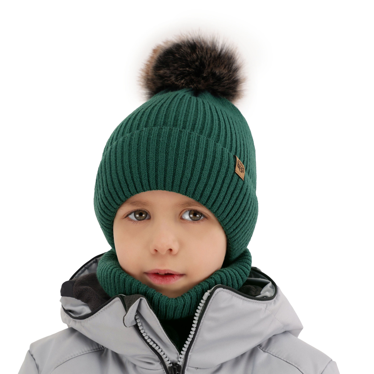Ensemble d'hiver garçon: bonnet et snood, camel, avec pompon, Wizar