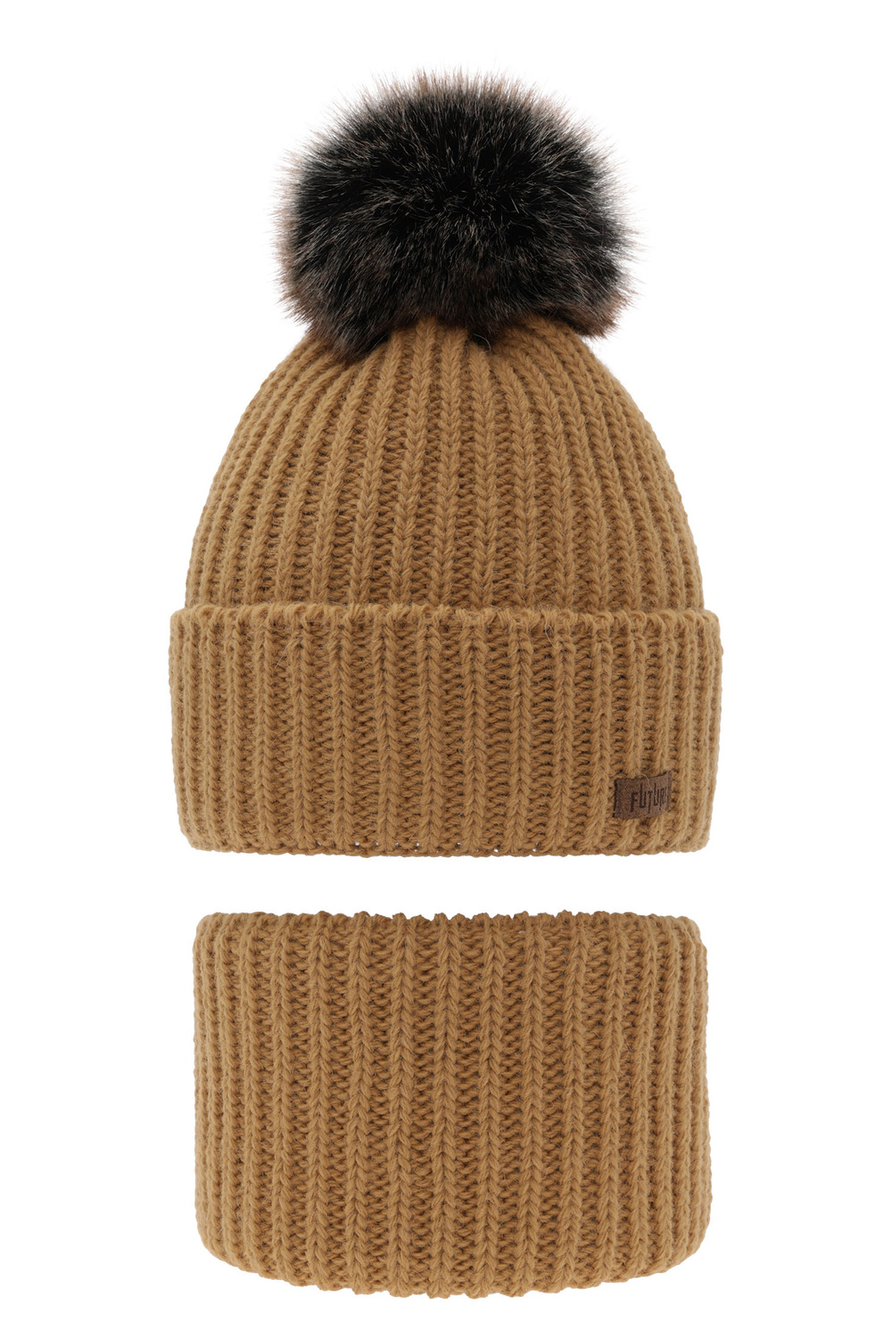 Ensemble d'hiver garçon: bonnet et snood, camel, avec pompon, Wonder