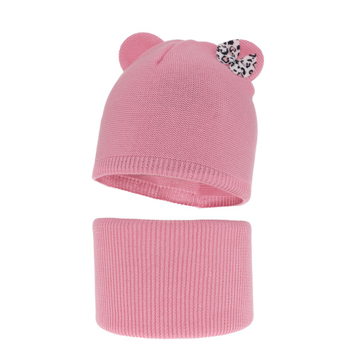 Ensemble automne/printemps fille: bonnet et snood, avec coton, rose, avec nœud, Nicolette