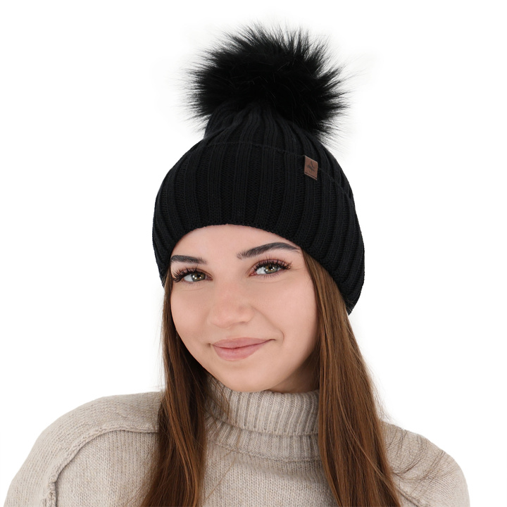 Bonnet d'hiver femme, noir, avec laine mérinos, Texa