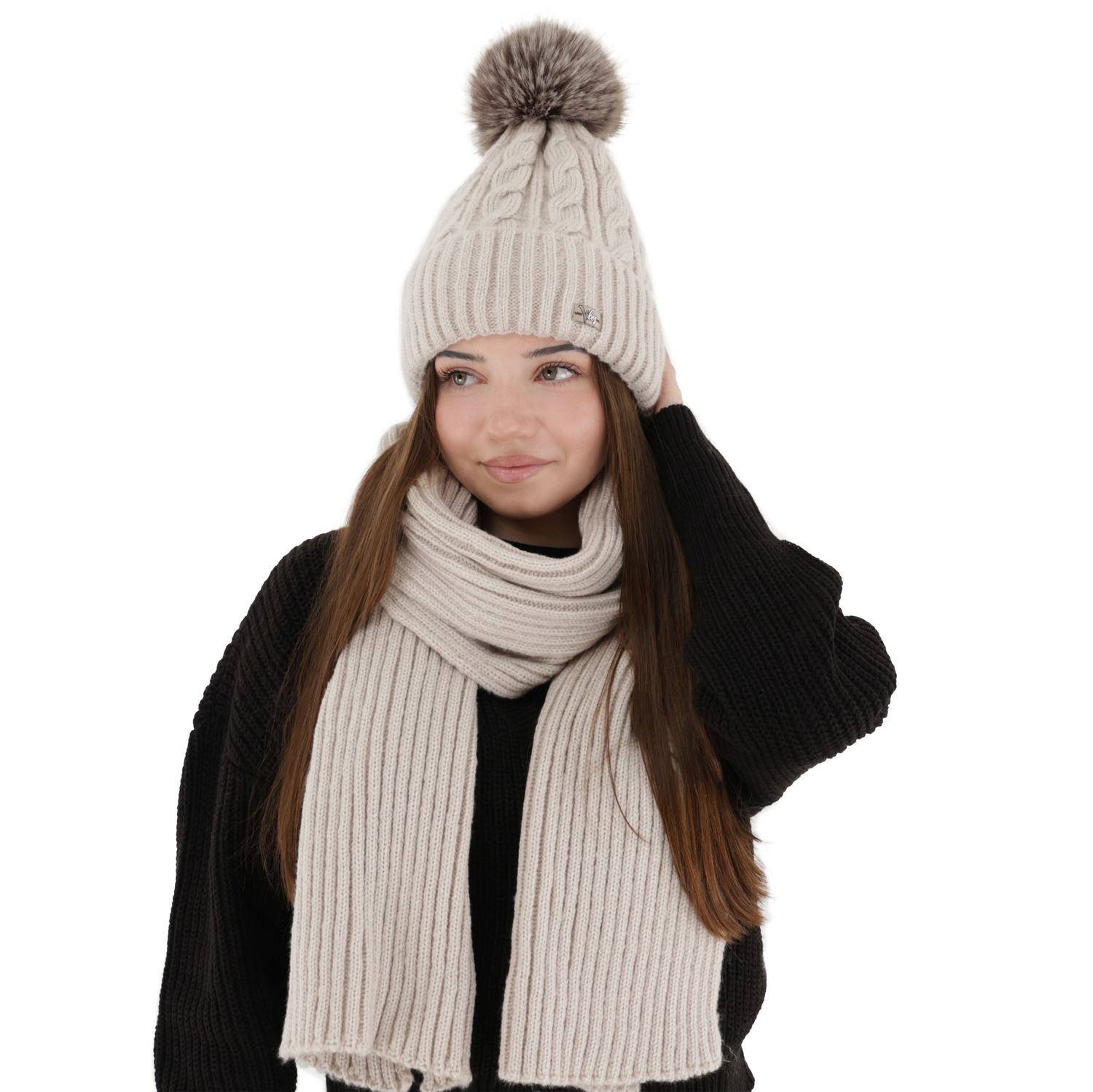 Ensemble d'hiver femme: bonnet et écharpe, beige, Lunetta