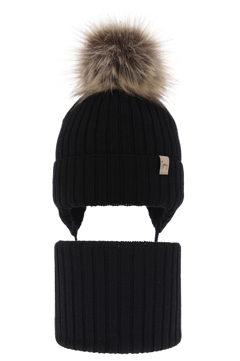Ensemble d'hiver fille: bonnet et snood, noir, avec liens, avec laine mérinos, Junika