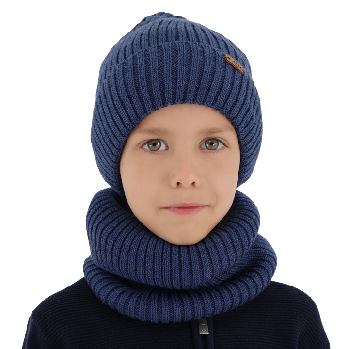 Ensemble d'hiver garçon: bonnet et snood, bleu marine, avec laine mérinos, Palermo