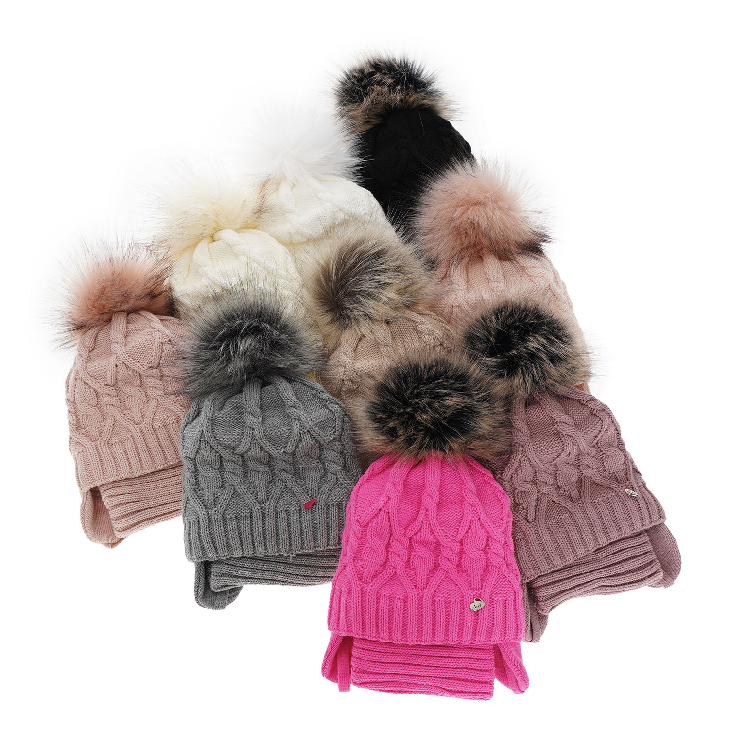 Ensemble d'hiver fille: bonnet et snood, gris, avec pompon, avec liens, Elena