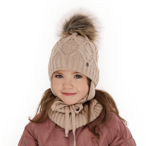 Ensemble d'hiver fille: bonnet et snood, beige, avec pompon, Elena