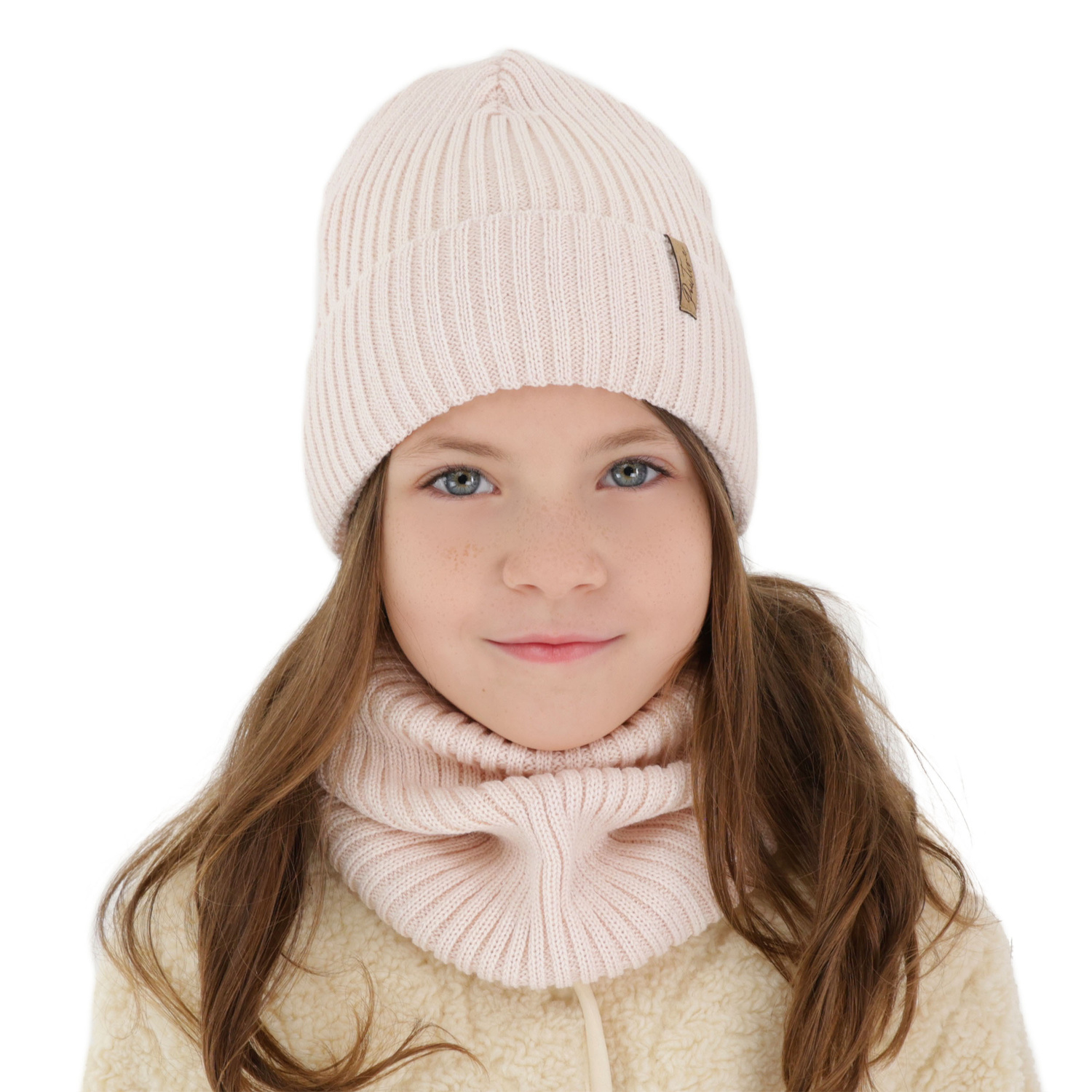 Ensemble d'hiver fille bonnet et snood, doublé de coton, beige, avec laine mérinos, Odette