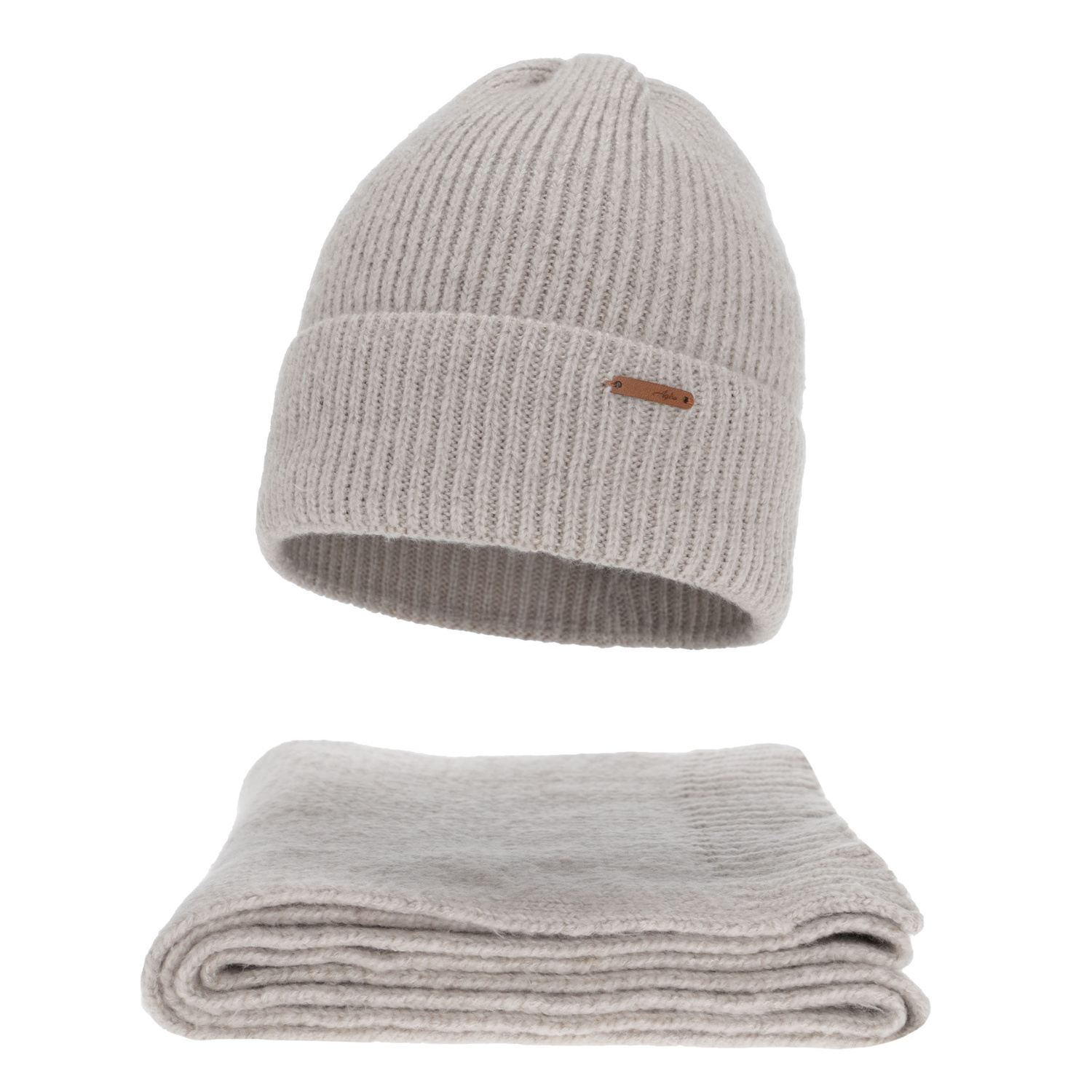 Ensemble d'hiver femme: bonnet et écharpe, beige, avec laine mérinos, Seala