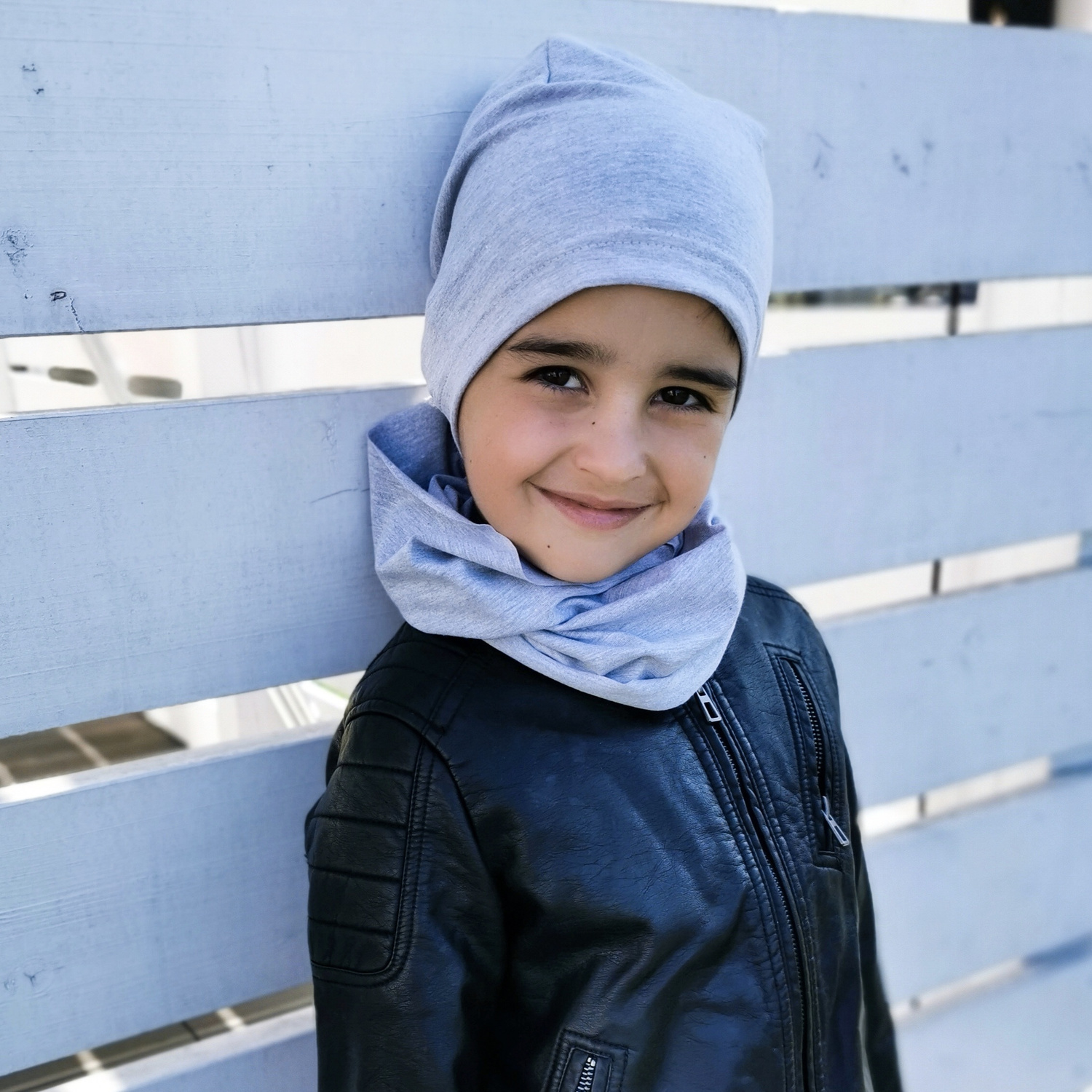 Ensemble automne/printemps garçon: bonnet et snood, noir, en coton, Hazel
