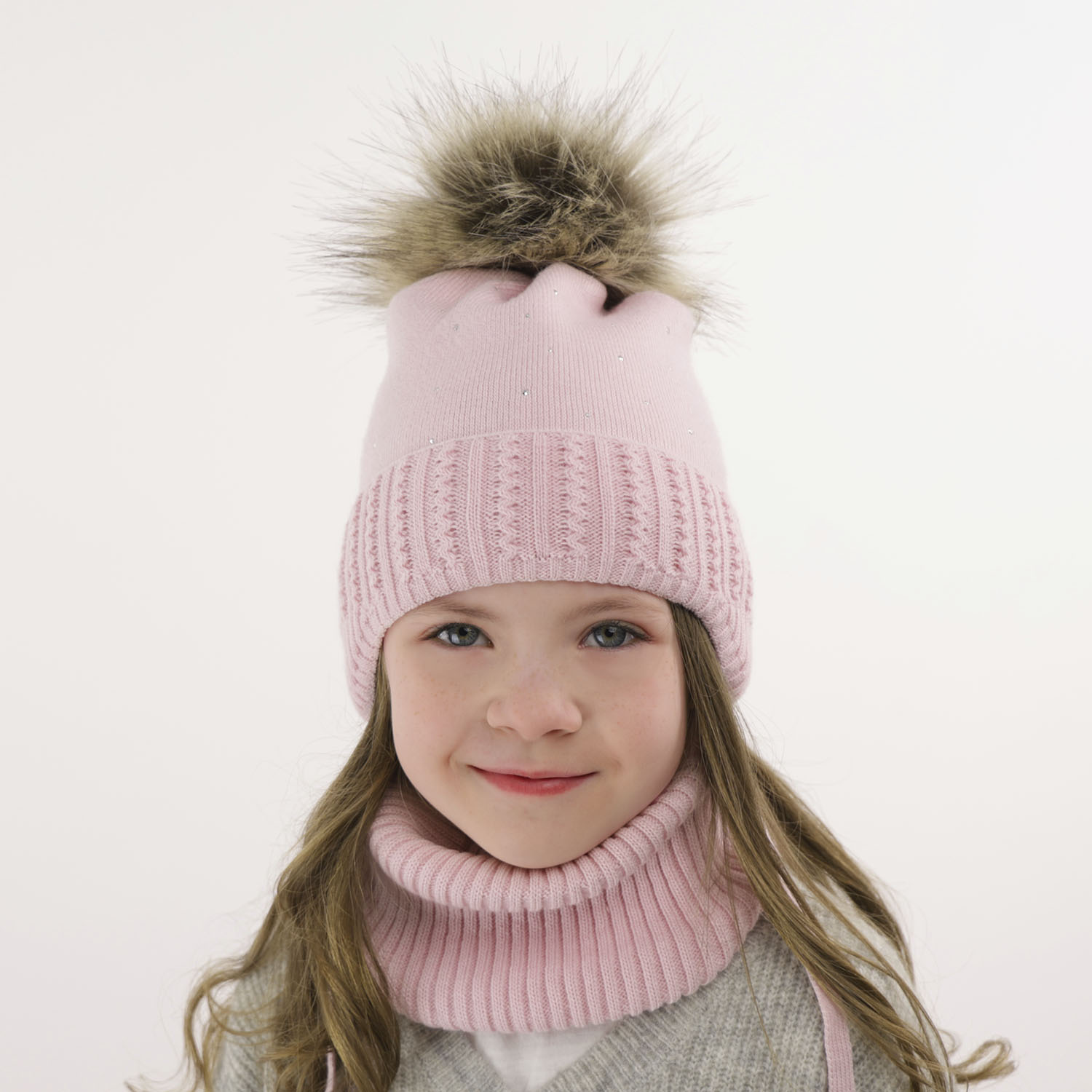 Ensemble d'hiver fille: bonnet et snood, blanc, avec pompon, Renia