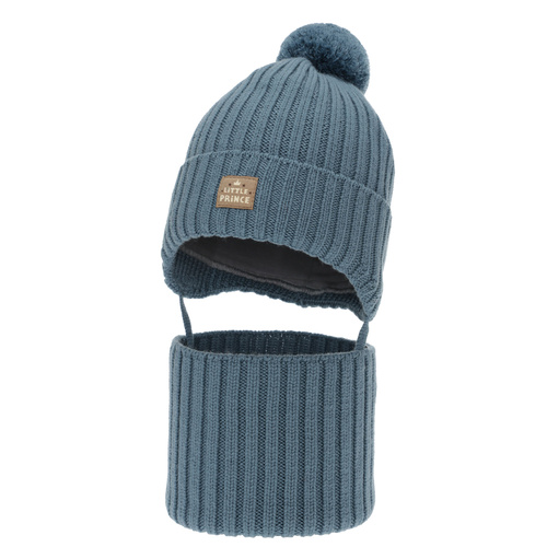 Ensemble d'hiver garçon: bonnet et snood, bleu, 100% laine mérinos, doublé de coton, avec liens, Masil