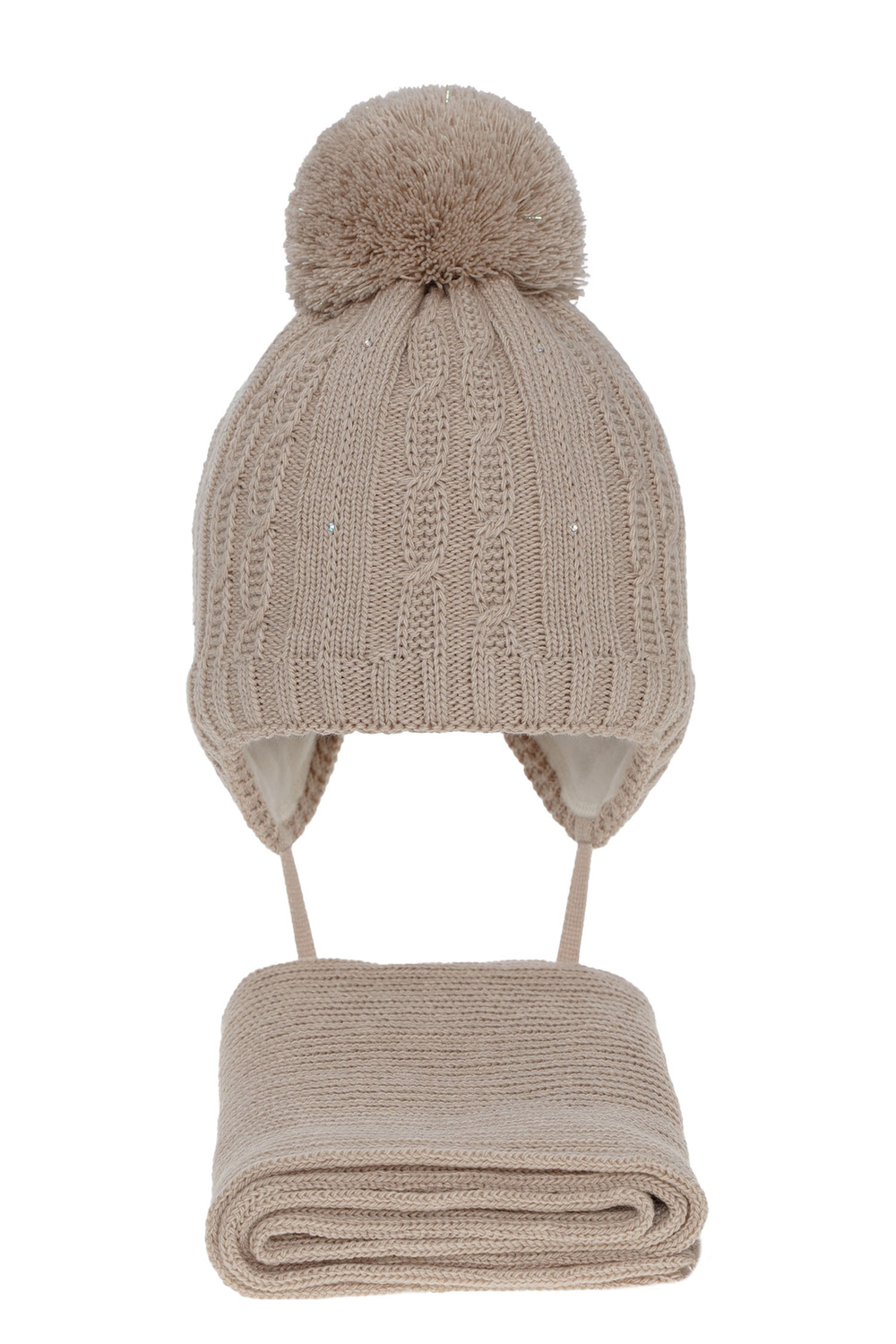 Ensemble d'hiver fille: bonnet et écharpe, beige, avec pompon, Candy