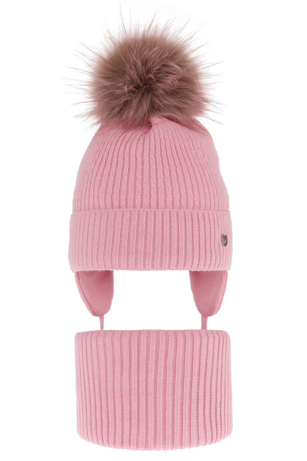 Ensemble d'hiver fille: bonnet et snood, rose, avec pompon, avec liens, Debra
