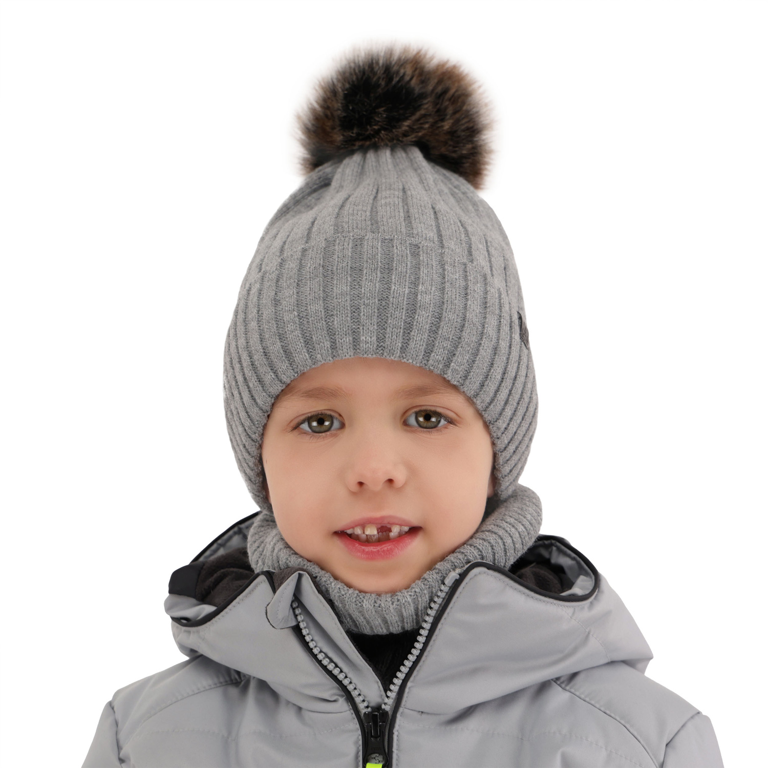 Ensemble d'hiver garçon: bonnet et snood, bleu, avec pompon, Relax