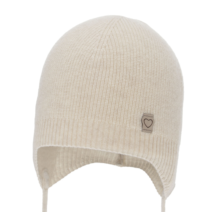 Bonnet automne/printemps fille, beige foncé, laine mérinos avec cachemire, avec liens, Orida