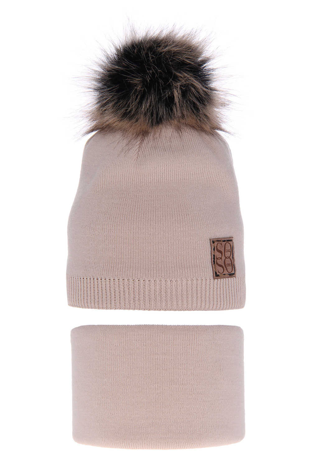 Ensemble d'hiver fille: bonnet et snood, beige, avec pompon, Apolinka