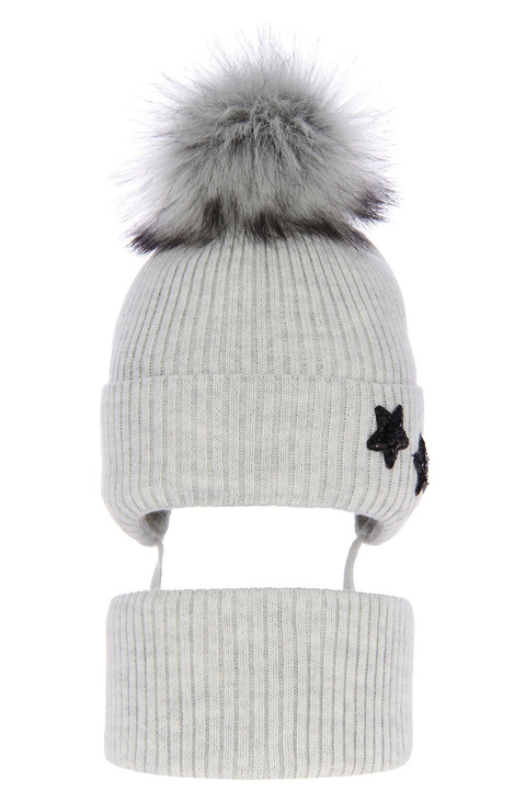 Ensemble d'hiver fille: bonnet et snood, gris, avec liens, Delicja