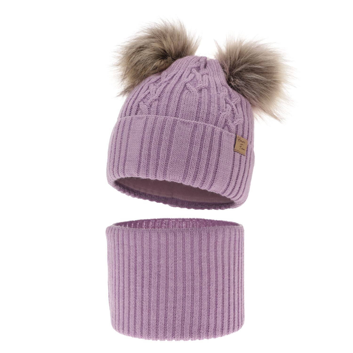 Ensemble d'hiver fille: bonnet et snood, violet, avec deux pompons, Sierra