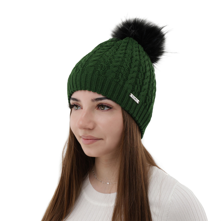 Bonnet d'hiver femme, vert, avec pompon, avec laine mérinos, Satina