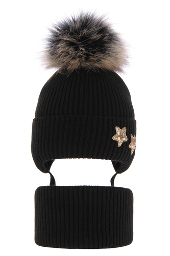 Ensemble d'hiver fille: bonnet et snood, noir, avec liens, avec pompon, Delicja