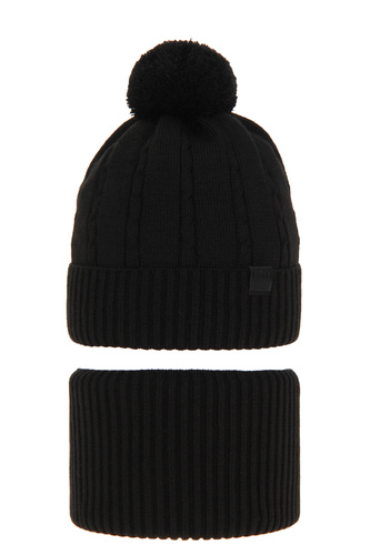 Ensemble d'hiver garçon: bonnet et snood, noir, avec pompon, Deny