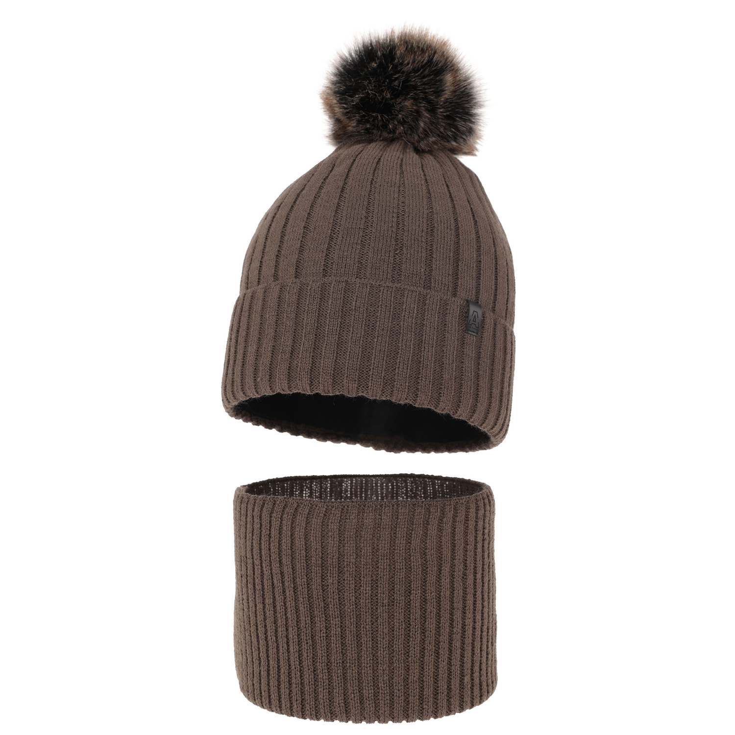 Ensemble d'hiver garçon: bonnet et snood, brun, avec pompon, Relax