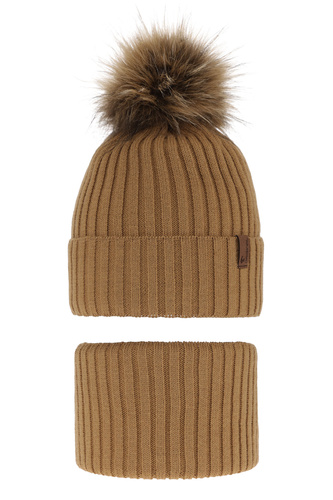 Ensemble d'hiver garçon: bonnet et snood, camel, avec pompon, Onyks