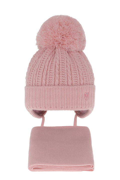 Ensemble d'hiver fille: bonnet et écharpe, rose, avec pompon, avec liens, Marisa