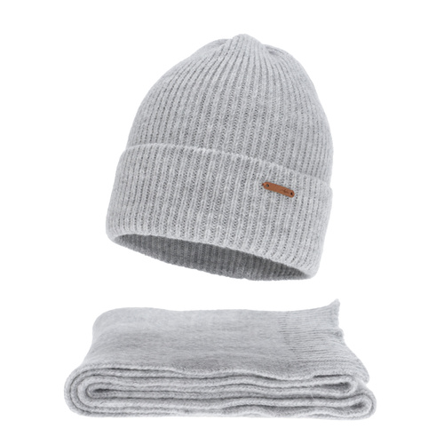 Ensemble d'hiver femme: bonnet et écharpe, gris, avec laine mérinos, Seala