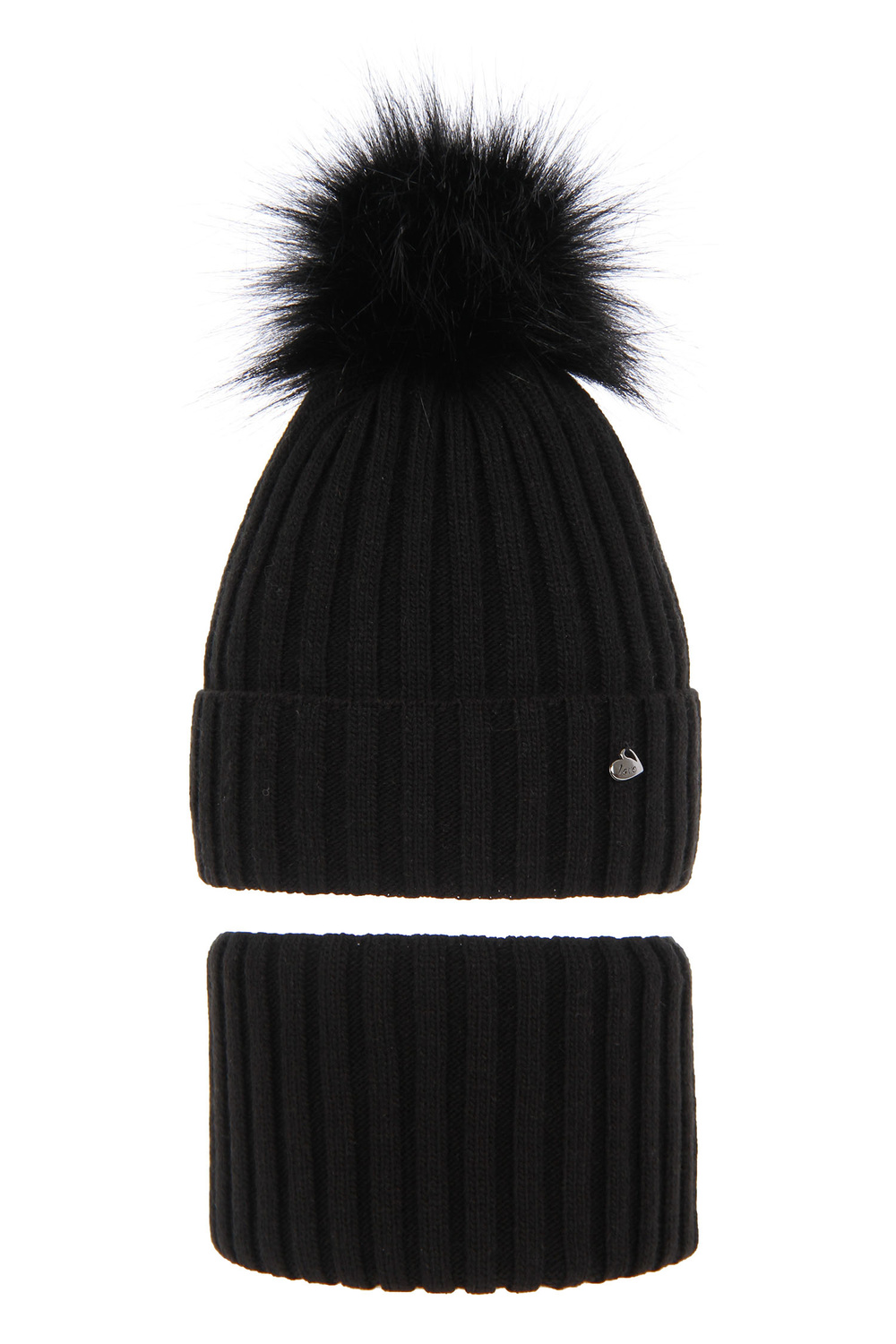 Ensemble d'hiver fille: bonnet et snood, noir, avec pompon, Wilma