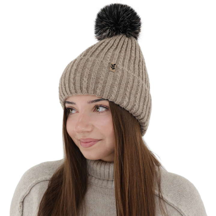 Bonnet d'hiver femme, beige, avec pompon, Calista