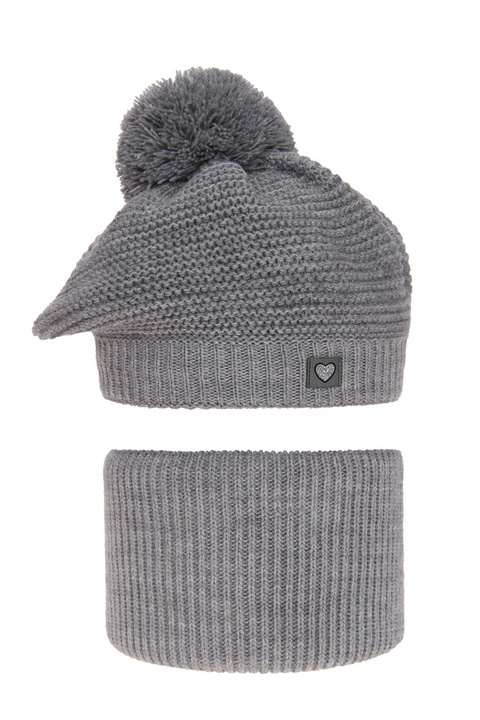 Ensemble d'hiver fille: béret et snood, gris, avec pompon, Lira