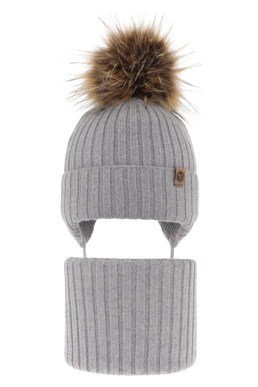 Ensemble d'hiver garçon: bonnet et snood, gris, avec liens, 100% Laine Mérinos Extrafine, Juno