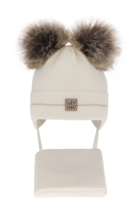 Ensemble d'hiver garçon: bonnet et écharpe, crème, avec deux pompons, Melon