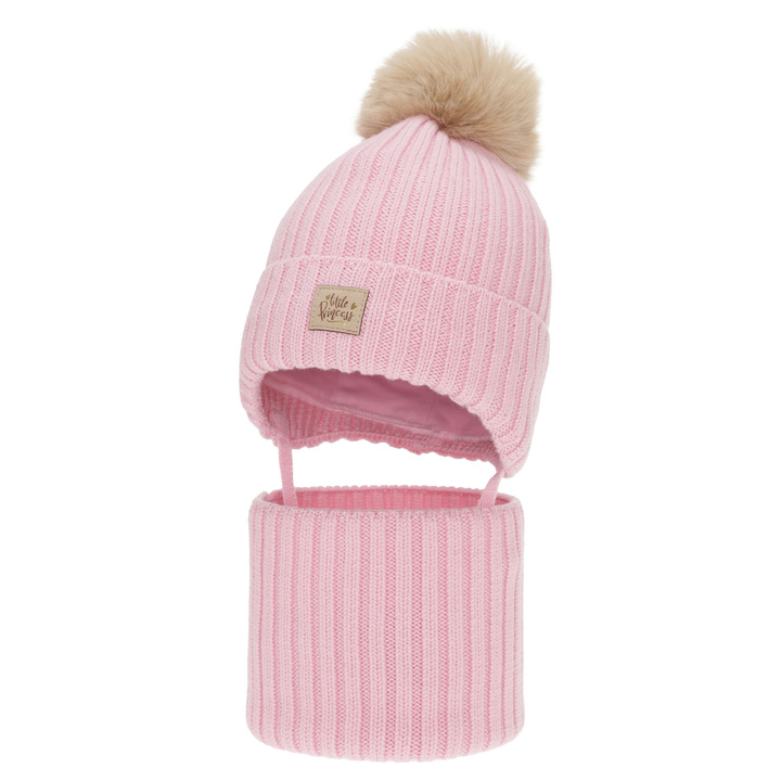 Ensemble d'hiver fille: bonnet et snood, rose, 100% Laine Mérinos, avec liens, doublé de coton, Malesia