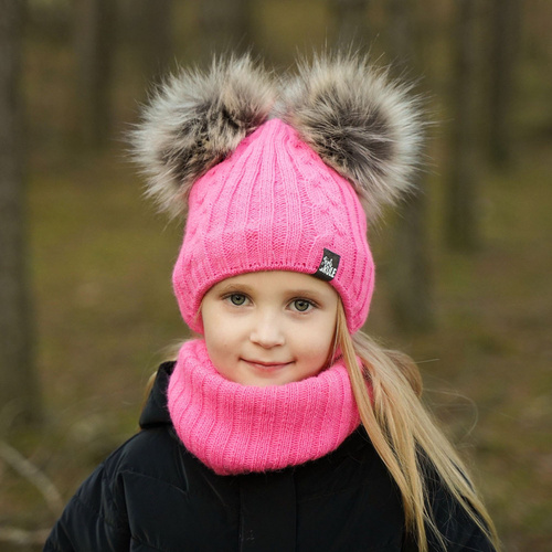 Ensemble d'hiver fille: bonnet et snood, violet, avec deux pompons, Marlen
