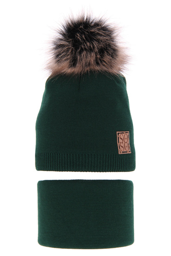 Ensemble d'hiver fille: bonnet et snood, vert, avec pompon, Apolinka