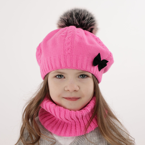 Ensemble d'hiver fille: bonnet et snood, noir, avec pompon, Amora