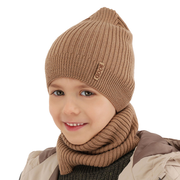 Ensemble automne/printemps garçon: bonnet et snood, camel, avec laine mérinos, Chester
