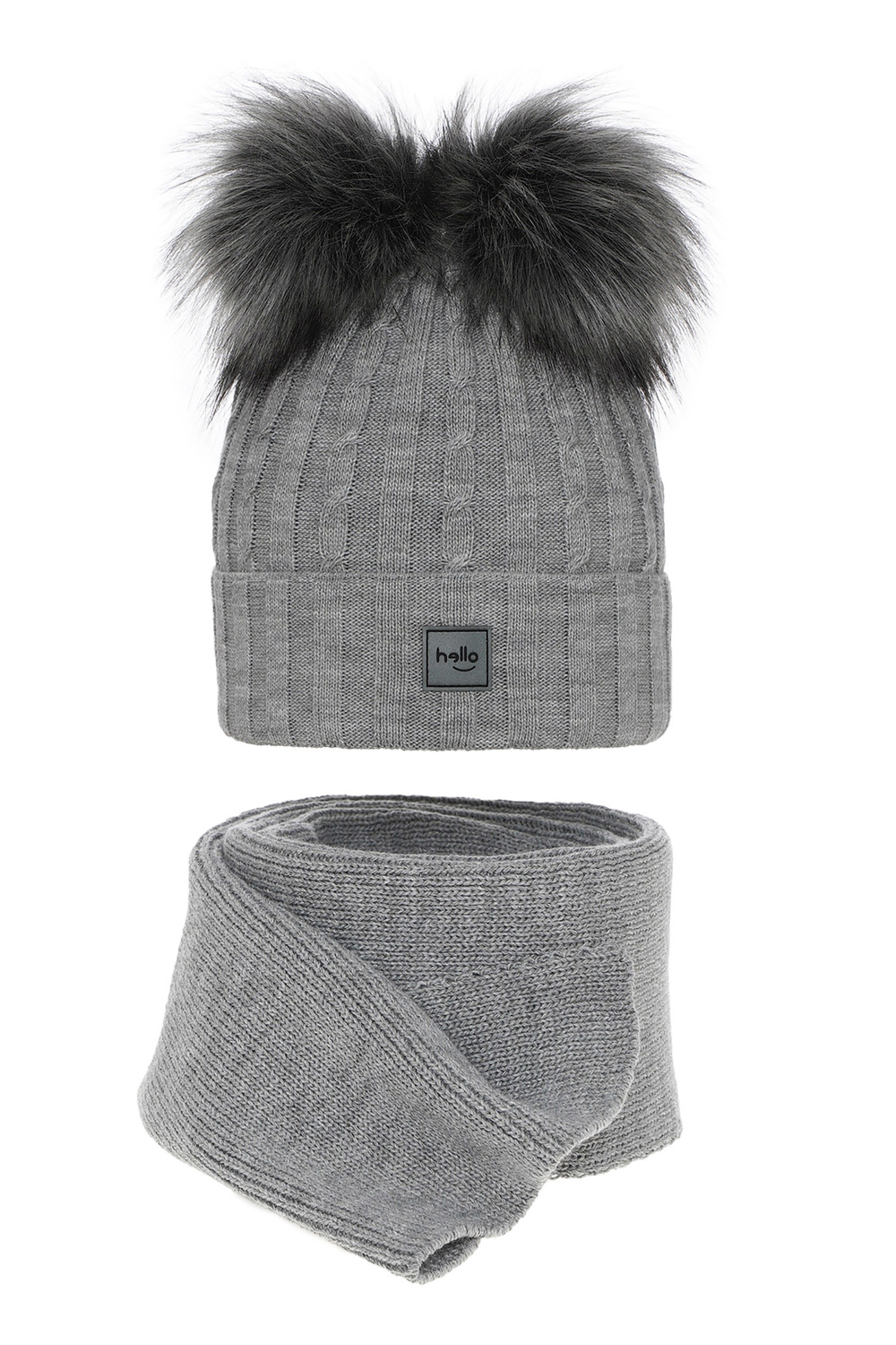 Ensemble d'hiver fille: bonnet et écharpe, gris, avec deux pompons, Zenda