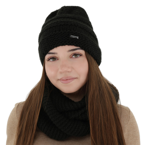 Ensemble d'hiver (bonnet et snood), noir, avec laine mérinos, Driva
