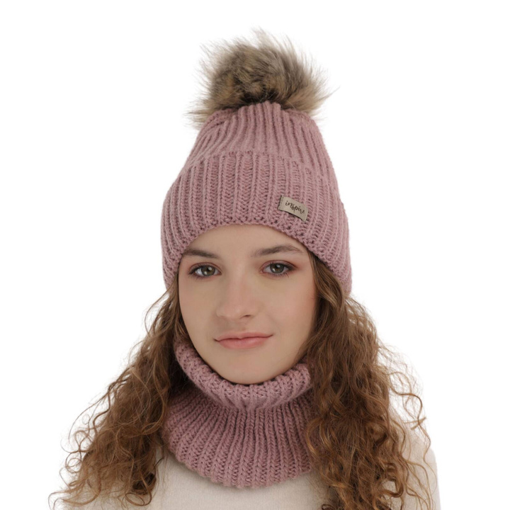 Ensemble d'hiver fille: bonnet et snood, violet, avec pompon, Willow