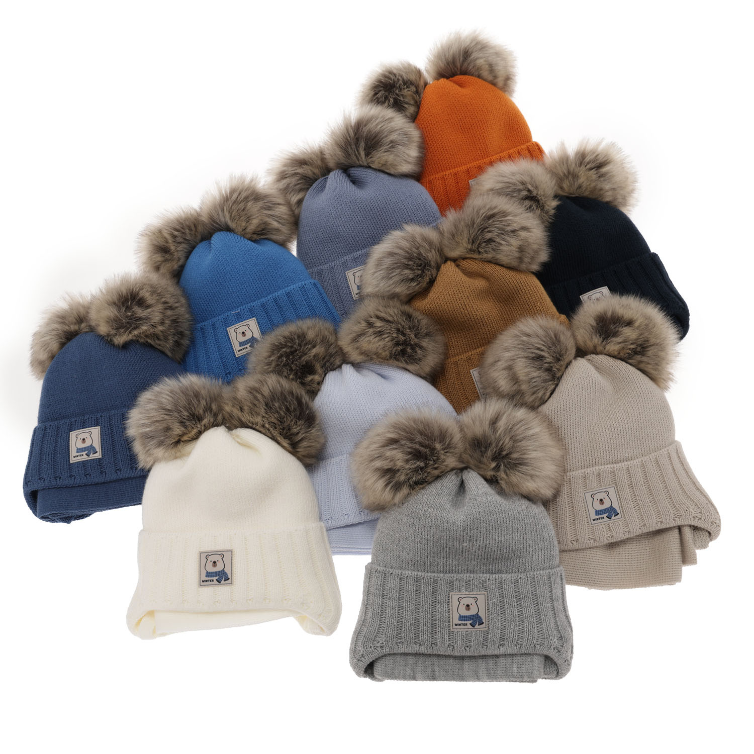 Ensemble d'hiver garçon: bonnet et écharpe, bleu, avec deux pompons, Jewel