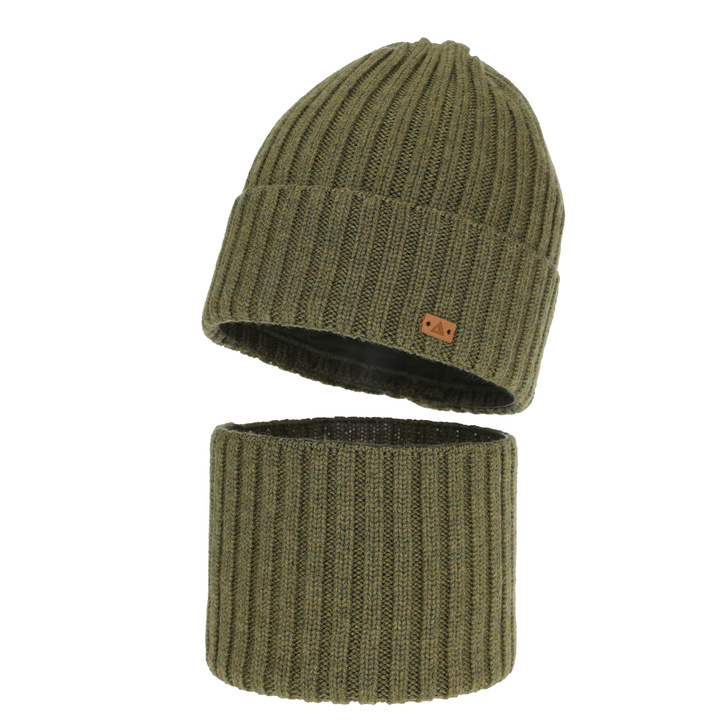Ensemble d'hiver garçon: bonnet et snood, 100% Laine Mérinos, khaki, Umberto