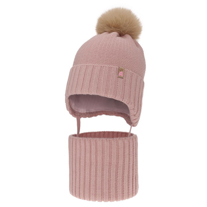 Ensemble d'hiver fille: bonnet et snood, rose, avec pompon, Kaya