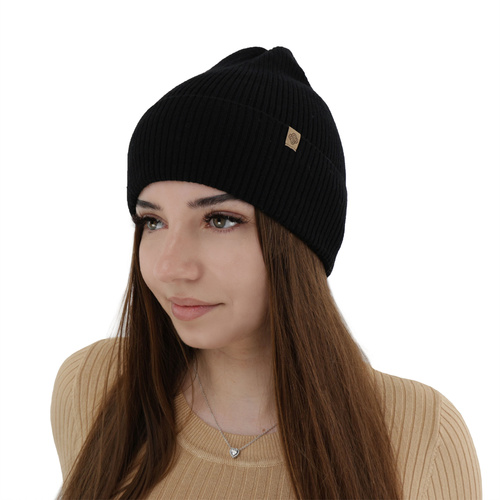 Bonnet automne/printemps femme, noir, avec laine mérinos, Alineta