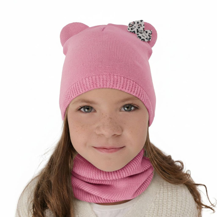 Ensemble automne/printemps fille: bonnet et snood, avec coton, rose, avec nœud, Nicolette