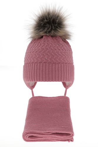 Ensemble d'hiver fille: bonnet et écharpe, rose, avec pompon, Zelta