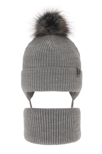 Ensemble d'hiver garçon: bonnet et snood, gris, avec pompon, avec liens, Honed
