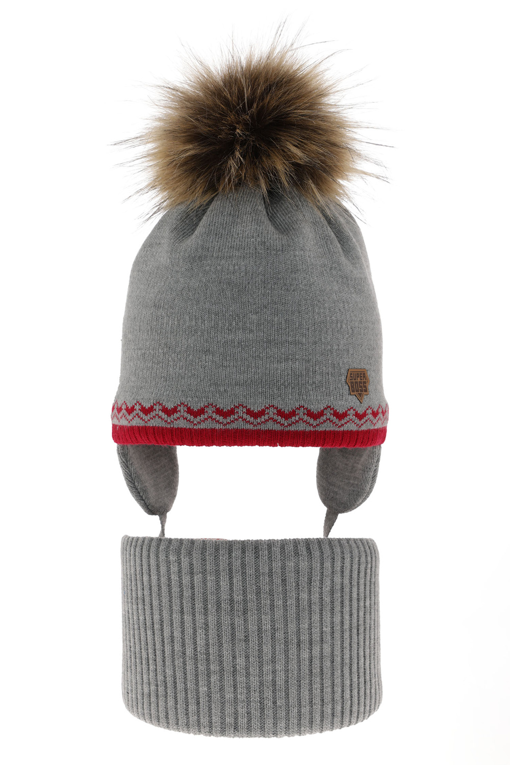Ensemble d'hiver garçon: bonnet et snood, gris, avec pompon, Elpis