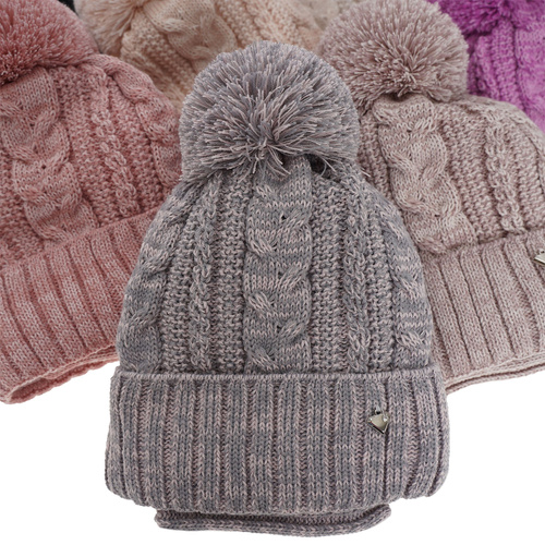 Ensemble d'hiver fille: bonnet et snood, rose, avec pompon, Maroko